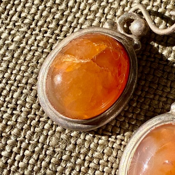 Vintage Sterling Silver & Orange Carnelian Pierced Earrings - Picture 3 of 5